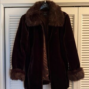 dennis basso Dark Brown Faux Fur-Trim Velvet Coat